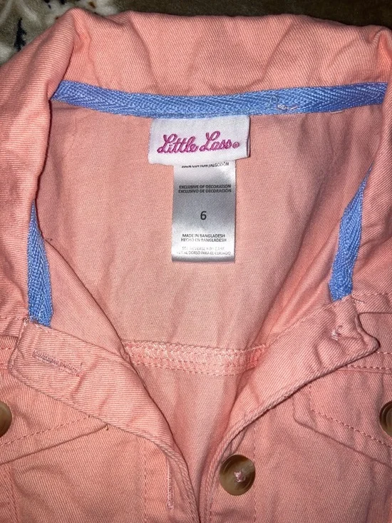 Girls' Short-Sleeve Coral Button-Front Dress with Floral Pockets Size 6 - Picture 3 of 3